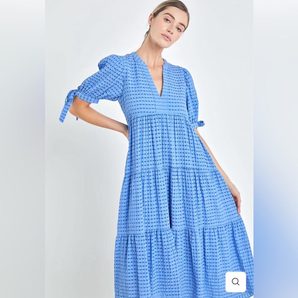 English Factory Gingham Tiered Midi Dress With Bow Puff Sleeve Maxi Sundress NWT - Picture 4 of 17